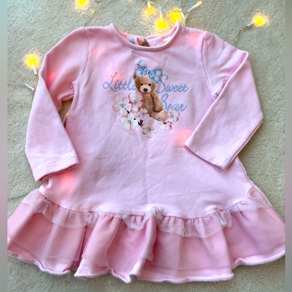 Balloon Chic Pink Plush Long Sleeve Dress with Bear Flowers Gemstone